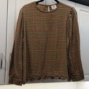 St. John's Bay Brown Plaid Scallop-Hem Long Sleeve Blouse